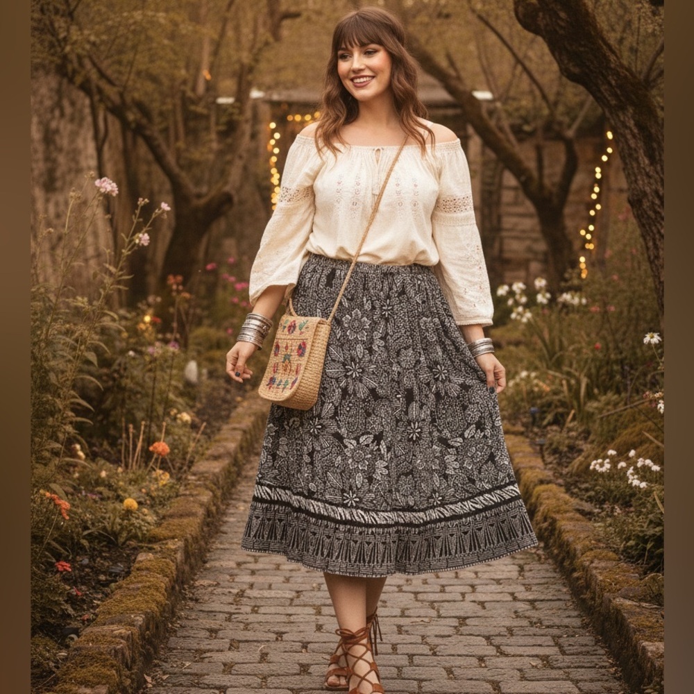 Sag Harbor Whimsigoth Paisley Midi Skirt // B&W Boho Fairycore Flowy Skirt M